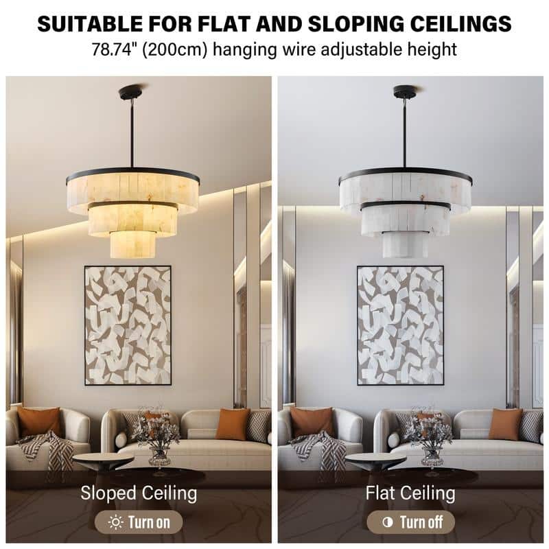 Elegant layered alabaster chandelier with natural stone panels