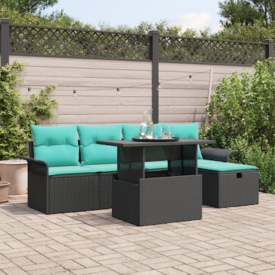 vidaXL 6 Piece Garden Sofa Set with Cushions Black Poly Rattan - 98.8×46.1×27.2