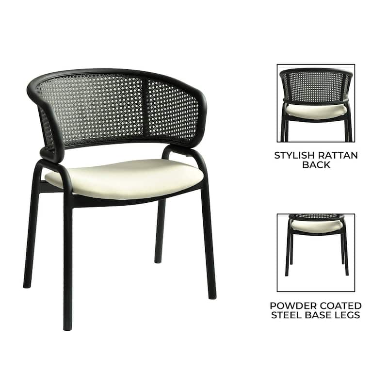 Ervilla Modern Upholstered Accent Side Chair with Wicker Back and Black Iron Legs for Dining Room & Kitchen, Set of 2