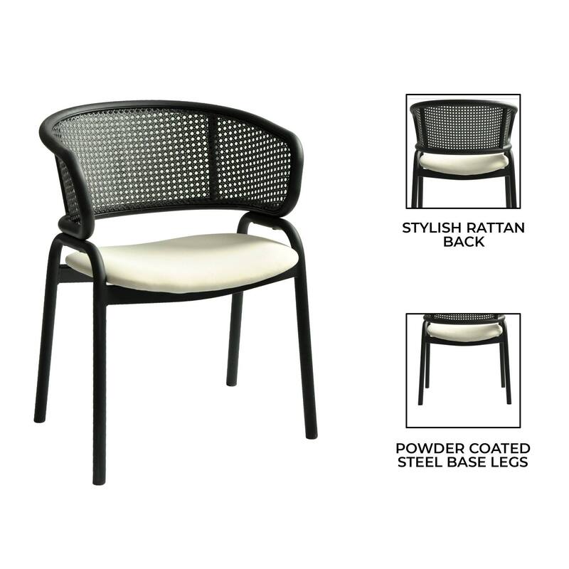 Ervilla Modern Upholstered Accent Side Chair with Wicker Back and Black Iron Legs for Dining Room & Kitchen, Set of 4