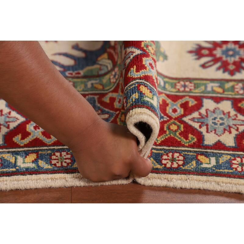 Ivory Kazak Oriental Area Rug Hand-Knotted Geometric Wool Carpet - 5'1" x 6'7"