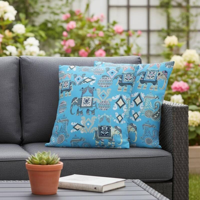 HomeRoots Set of Two 16" X 16" Blue and Gray Elephant Blown Seam Eclectic Indoor Outdoor Throw Pillow - 16.00' X '16.00' X '5.00 - Blue/Gray - 16.00' X '16.00' X '5.00