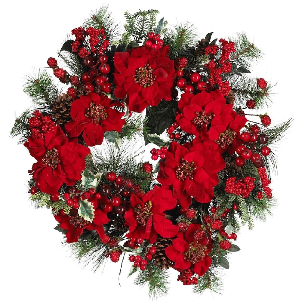 Pinecones and Berries with Poinsettias Artificial Christmas Wreath, 24-Inch, Unlit