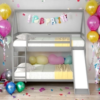 Twin Size Bunk House Bed with Slide and Ladder,House Shape Bunk bed with Slide