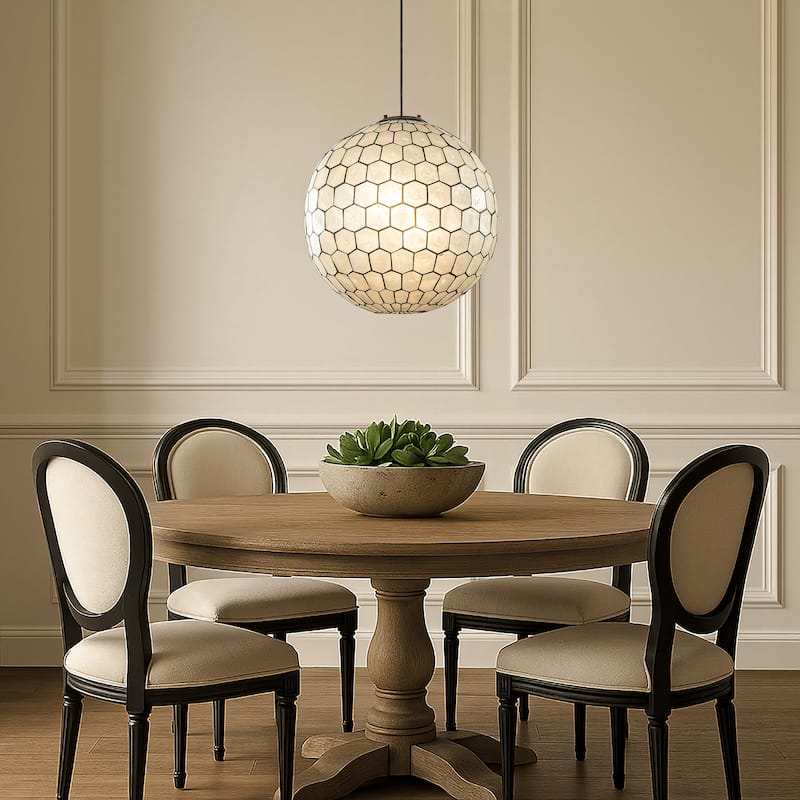 3-Light 18'' Matte Black Cosatal Natural CAPIZ SHELL Globe Lantern Chandelier Glam Hanging Light For Living Room Dining Room