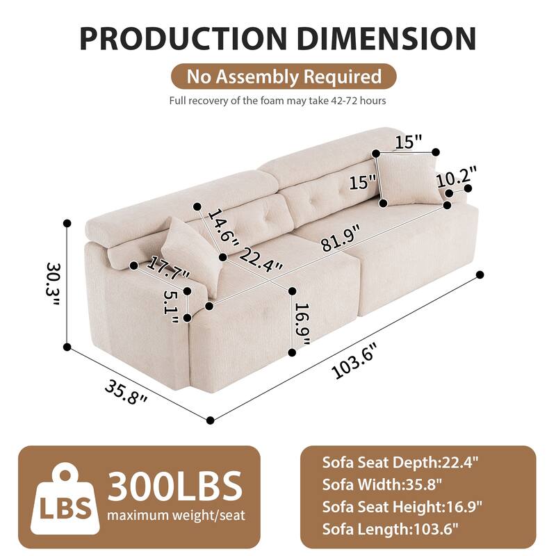 103.2" Fabric 4-Seater Sofa, Raised Back, 2 Pillows and Deep Seat Design