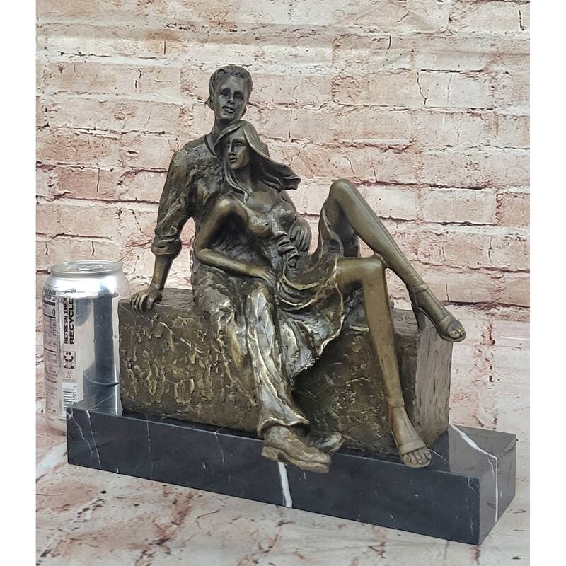 Relaxed Couple Bronze Sculpture – Intimate Sitting Lovers Figurine On Marble Base