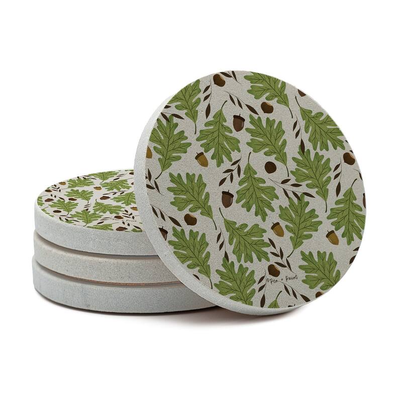 Oak Leaves 4 Pack Round Natural Sandstone Coasters with Protective Cork Backing Manufactured in The USA - Multi-Color
