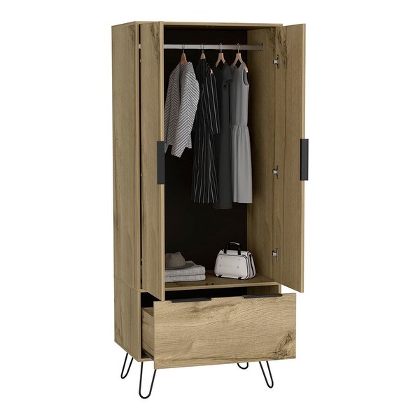 Rectangle 2 Door Cabinet with Drawer Light Oak Particle Board Armoire Closet with Shelves and Hanging for Bedroom Beige