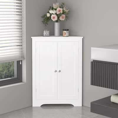 Bathroom Corner Storage Cabinet, Freestanding Corner Organizer, Double Door Floor Cabinet with Adjustable Shelf