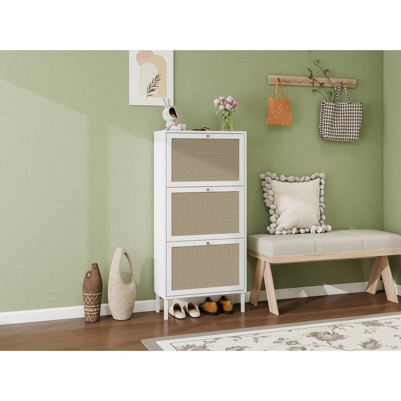 Shoe Storage Cabinet with 3 Flip Drawers, Freestanding 3-Tier Shoe Rack, Slim Shoe Organizer with Half Round Woven Rattan Doors