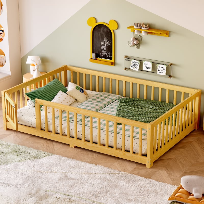 Full Size Bed Floor Bed with Safety Guardrails and Door for Kids