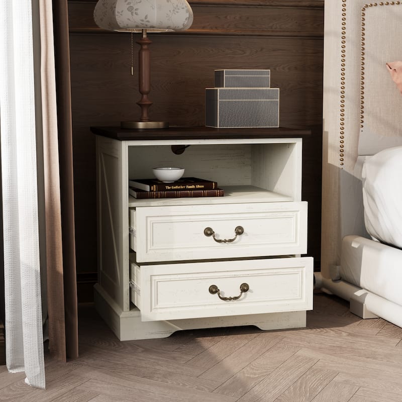 Farmhouse Nightstand with 2 Drawers, Open Shelf & Power Port, Rustic Bedside Table, Antique Brass Handles, White/Grey