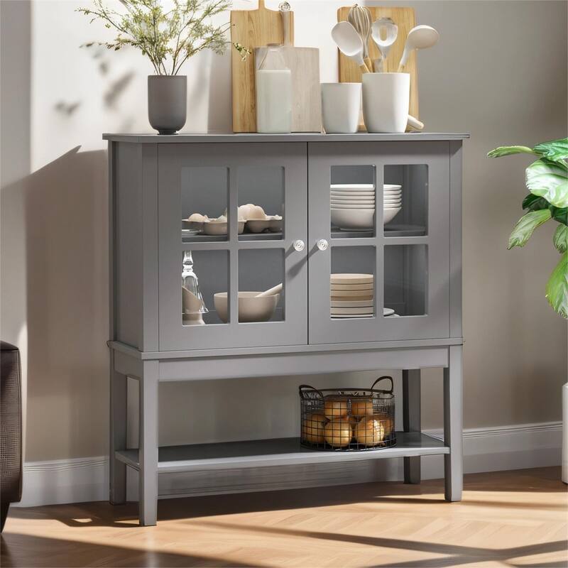 Modern Sideboard Buffet Cabinet with 2 Glass Doors, Adjustable Shelf - Grey