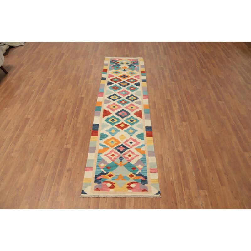 Hand Woven Oriental 100% Wool Carpet Southwestern Geometric Beige & Ivories Kilim Runner Rug - 9' 6'' X 2' 6''