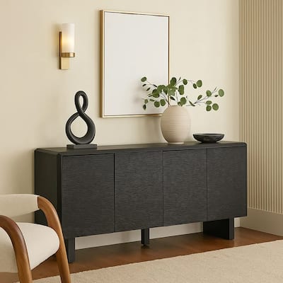Arrel Sideboard Console, Beveled, 4 Doors, Black Solid Wood 65 Inch