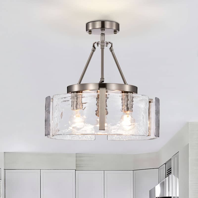 Reina 3-Light Water Textured Glass Panel Drum Semi Flush Mount - Satin Nickel