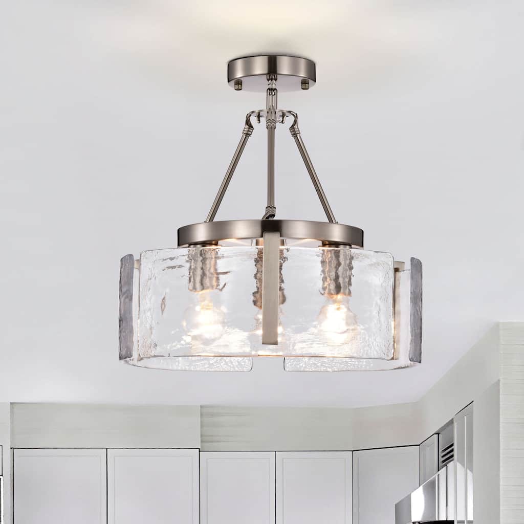 Reina 3-Light Water Textured Glass Panel Drum Semi Flush Mount