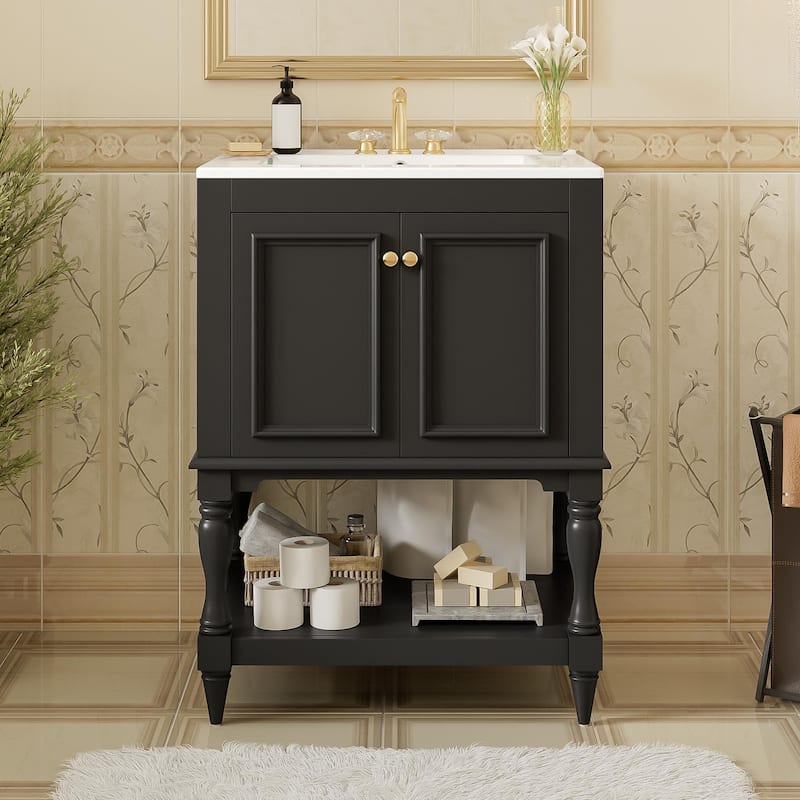 24" Modern Luxury Bathroom Vanity with Ceramic Sink, Compact Cabinet with Open Shelf & Closed Storage