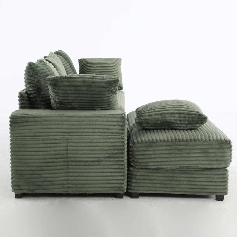 108.66" Thickened Corduroy Sectional Sofa with Storage Ottoman & Throw Pillows
