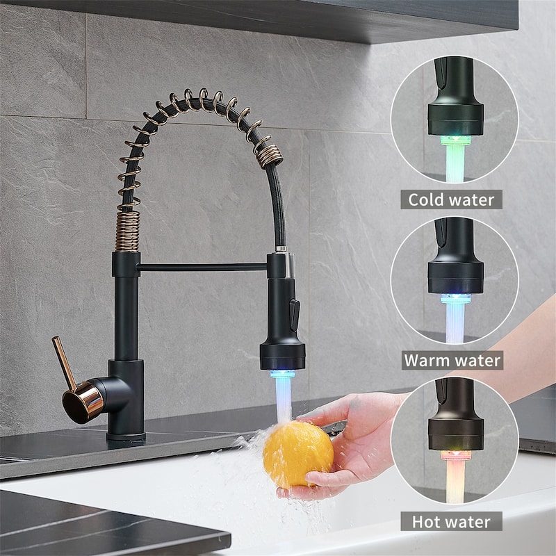 Single Handle Pull Down Kitchen Faucet Modern Commercial Kitchen Sink Faucets with Sprayer Matte Black & Rose Gold