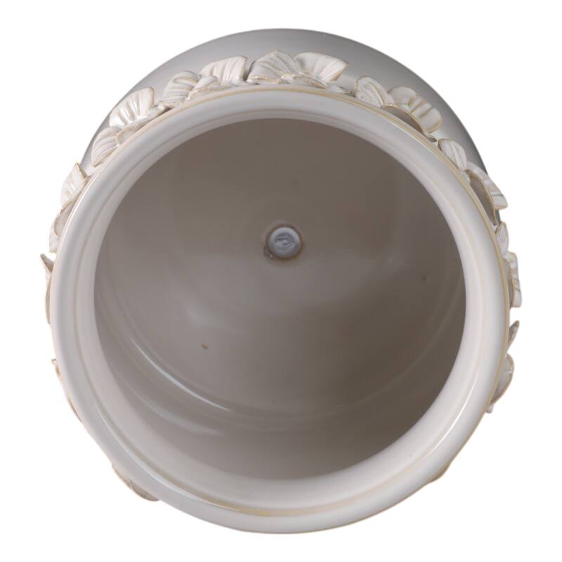 Ceramic Round Planter Sculpted Floral Rim Detail and Drainage Hole