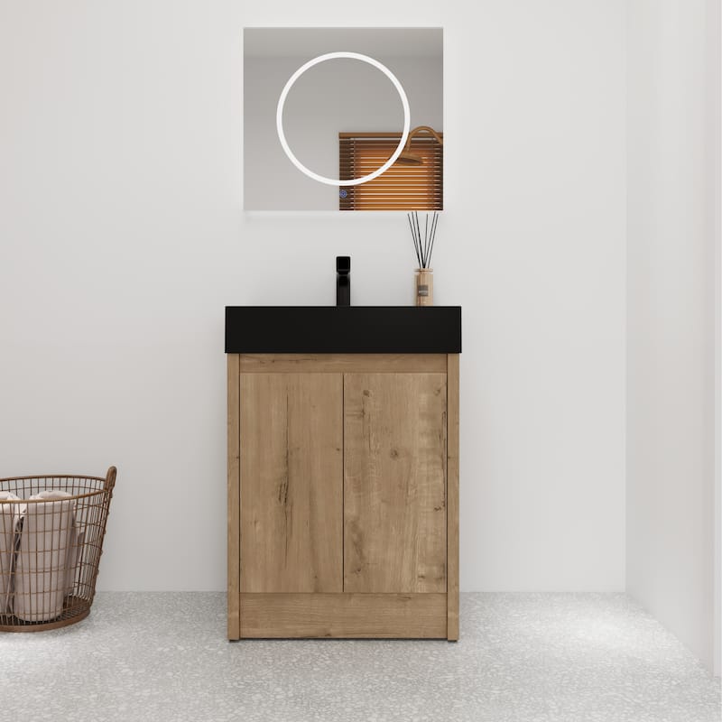 Bathroom Vanity With Sink In 24/30 Inch, Freestanding Bathroom Vanity With Soft Close Door And Adjustable Shelves - 23.6"W x 18.1"D x 35"H - Imitative Oak-Black Basin