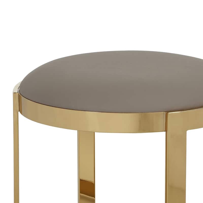 Niyo 19 Inch Ottoman Stool, Round Sand Faux Leather, Stainless Steel, Gold