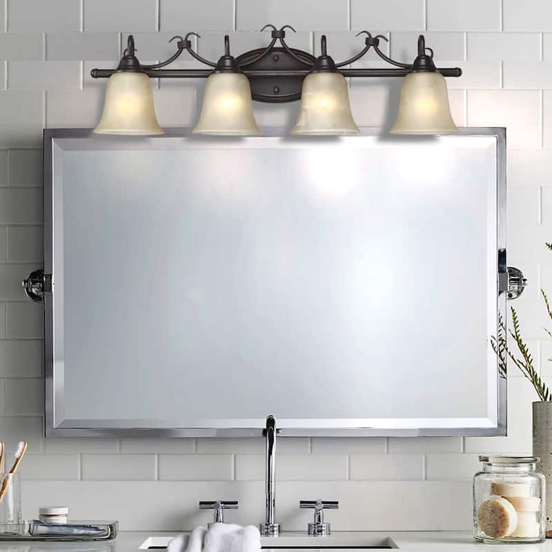 4-Light Bronze Dimmable Vanity Light with White Opal Glass Bell Shape Shades