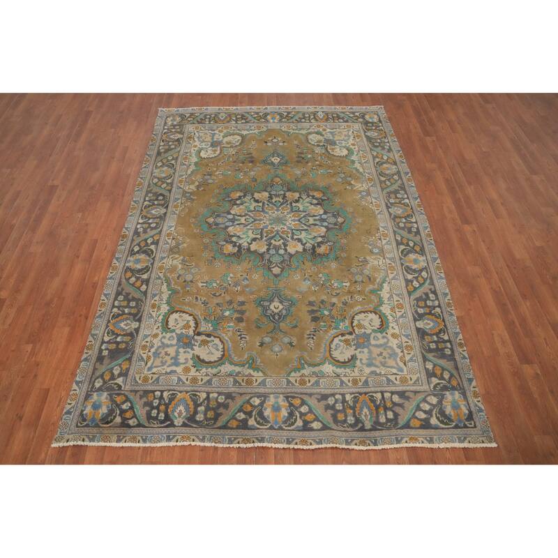 Hand Knotted Oriental 100% Wool Carpet Traditional Floral Brown Tabriz Area Rug - 9' 3'' X 6' 5''