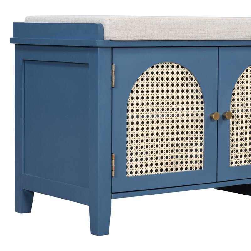 Wood Frame Bench with Shoe Storage, Shoe Bench with Rattan Arched Door and 2 Drawers Entryway Fabric Upholstered Bench