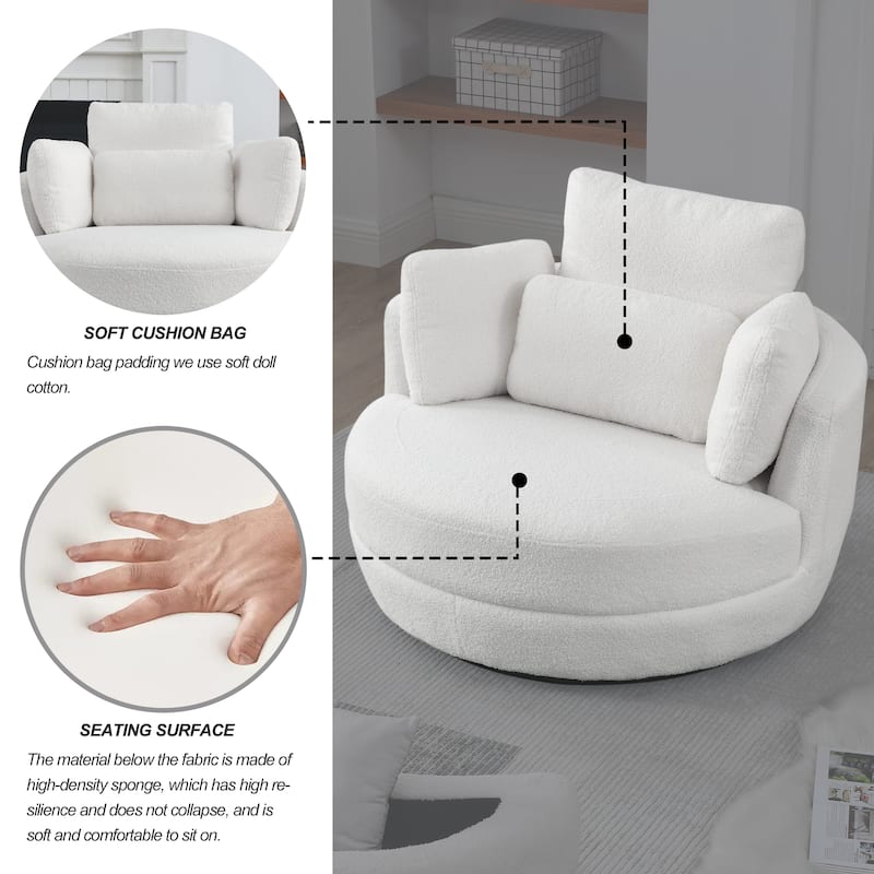 Wide Teddy Fabric Oversized Swivel Barrel Chair with Moon Storage Ottoman, 4 Pillows and 360° Rotation