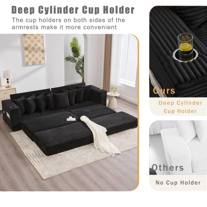 110.75" Corduroy Sectional Sofa, Convertible Sleeper Sofa Bed L-Shaped Upholstered Couch with Removable Footstool, Cup Holder