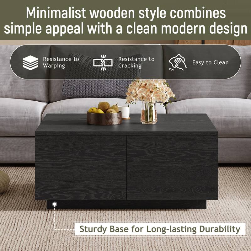 Roomfitters Square Coffee Table, Modern Wood Center Table with 4 Storage Compartments for Living Room