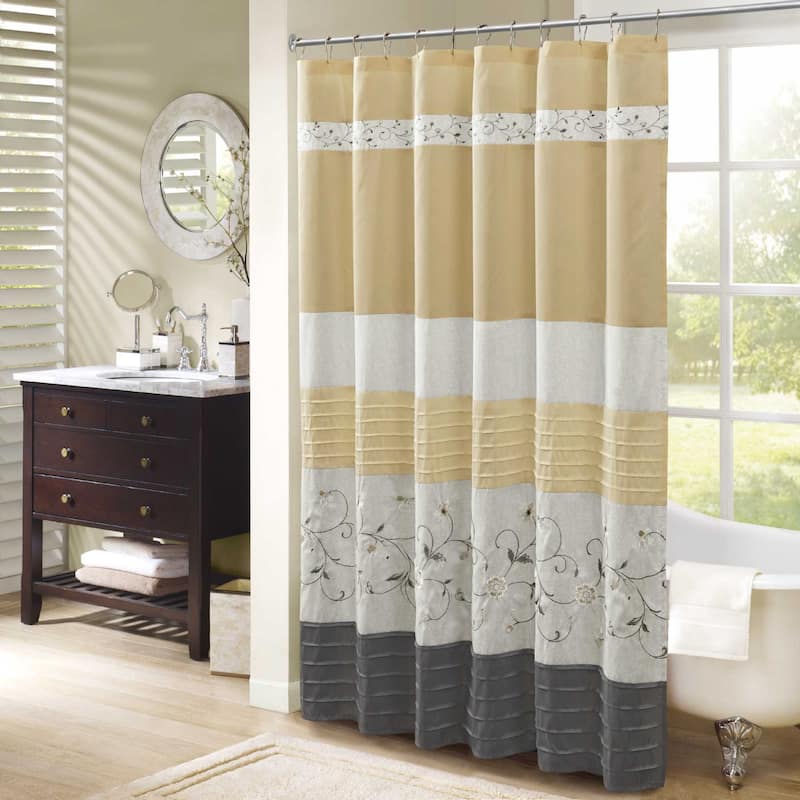 Red Faux Silk Embroidered Floral Shower Curtain - 72x72" - Yellow