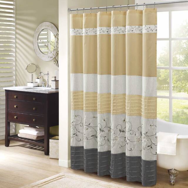 Madison Park Belle Faux Silk Embroidered Floral Shower Curtain - 72x72" - Yellow