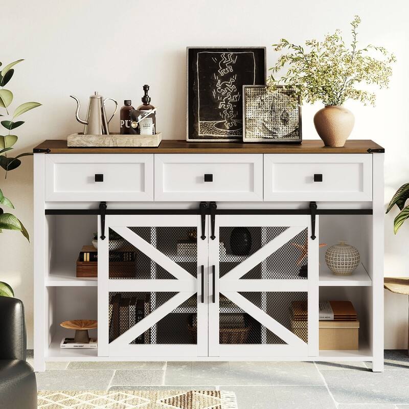 Farmhouse 55" Sideboard with 2 Sliding Barn Doors and 3 Drawers for Stylish Home Storage Solution - White