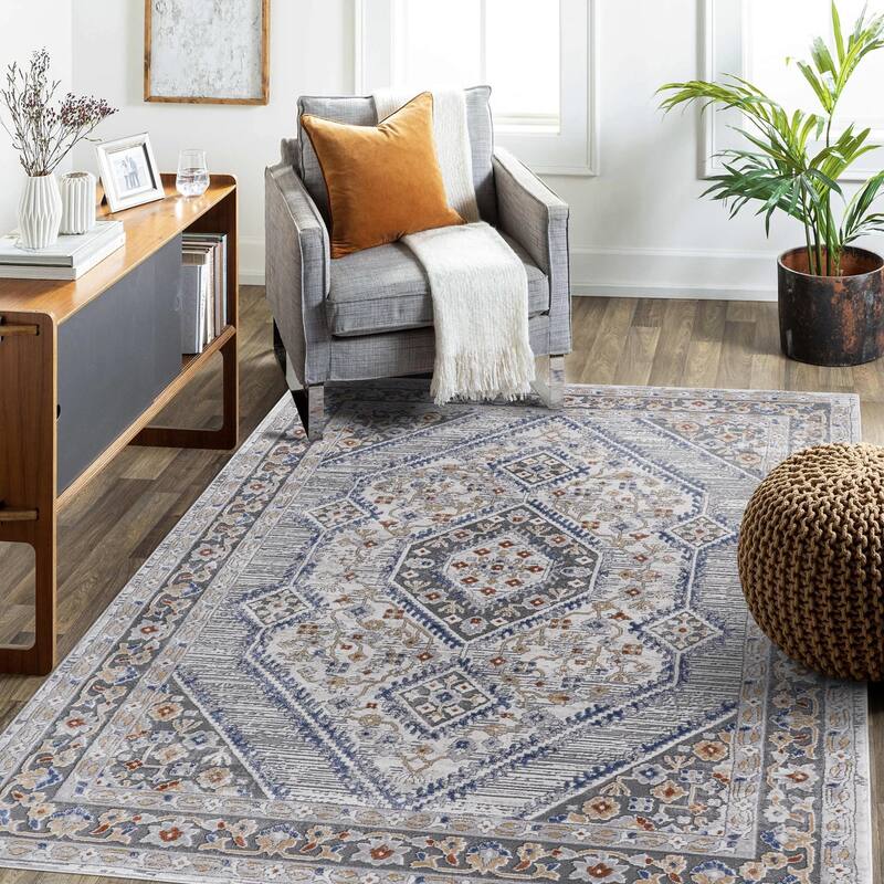 LOOM & LUXE Collection Blue/Cream/Bordered Non-Shedding Area Rug