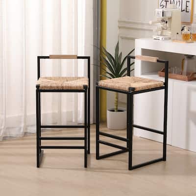 Hand Weave Bar Stools Set of 2, Counter Height Bar Stools with Metal Support Legs, Kitchen Island Stools with Back and Footrest