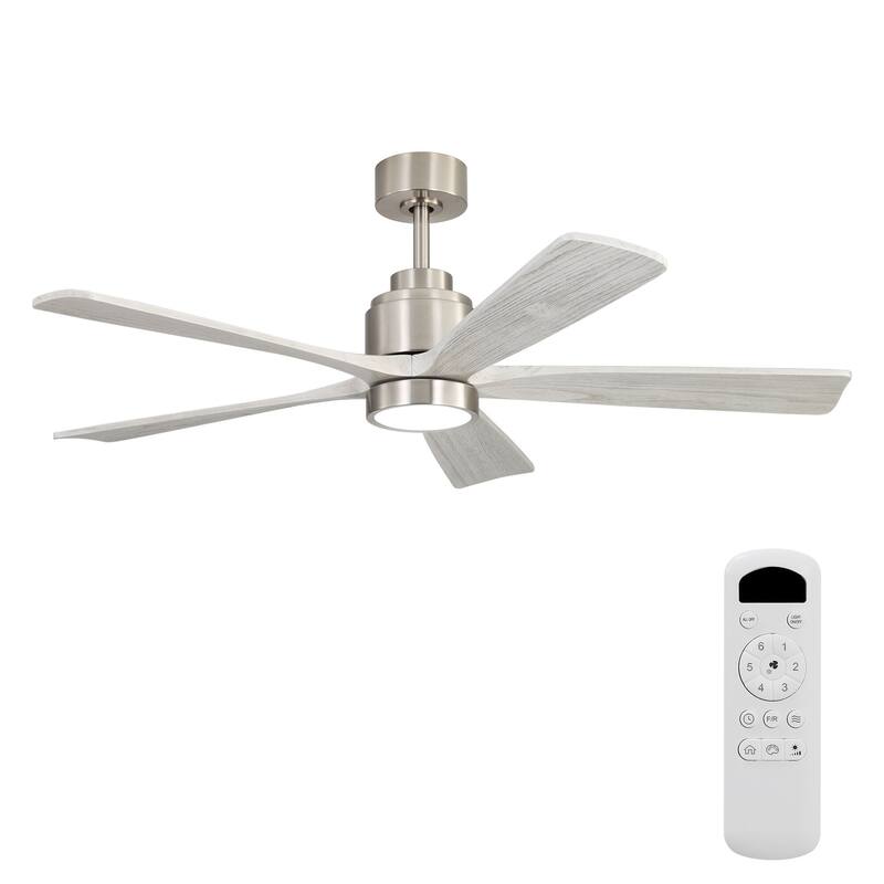 52" Solid Wood Noiseless Ceiling Fans with Dimmable LED Light Optional and Remote, 6-Speed Reversible DC Motor,Smart Optional - Non-Smart-With lights - Silver and Gray Solid wood Blades