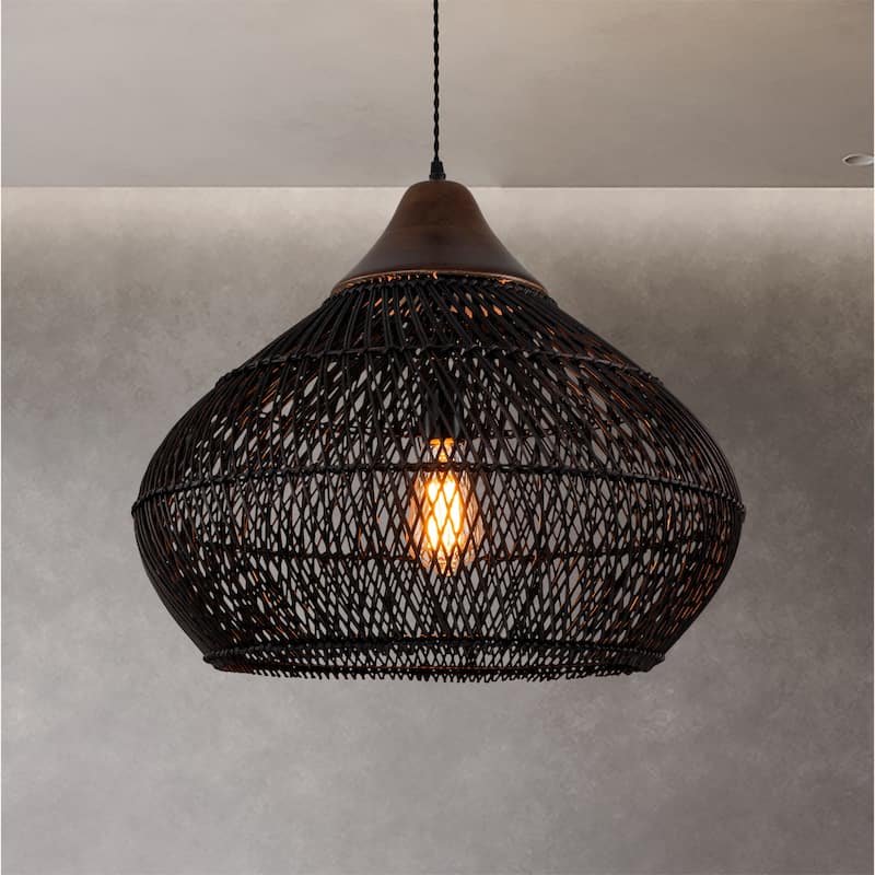 Zula Coastal Large Rattan Pendant Light Matte Black Rustic Wood Accent Ceiling Light - 19.7