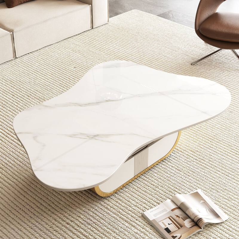 Modern Butterfly Coffee Table with Sintered Stone Top - Oval Center Table with Storage Shelf & Drawer, Stainless Steel Base