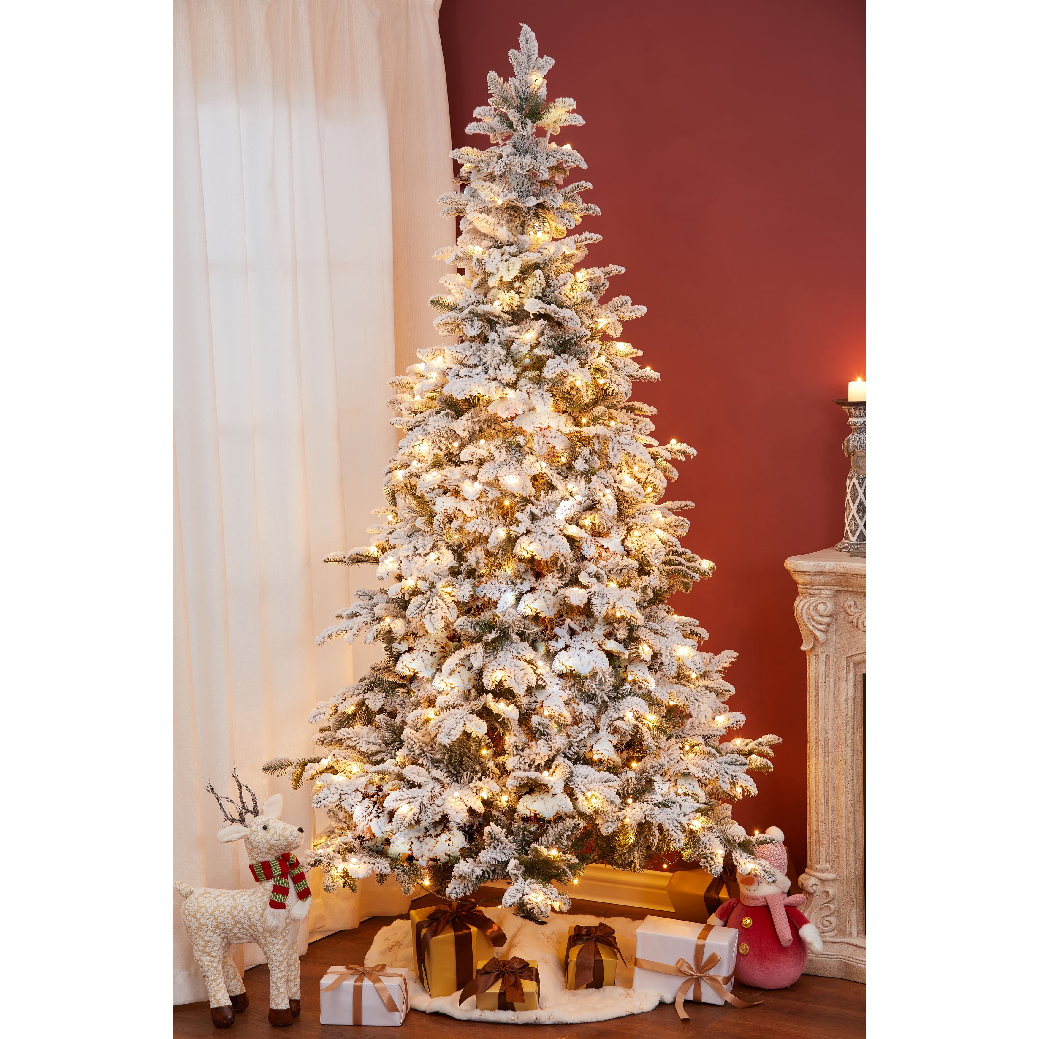 Pre-lit LED 7ft PE/PVC Artificial Snow Flocked Christmas Tree with ...