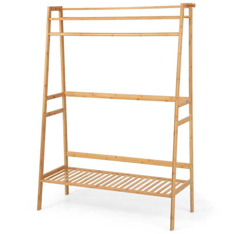 3Tier Bamboo Clothing Rack Freestanding Clothes Organizer with Shelves - Natural
