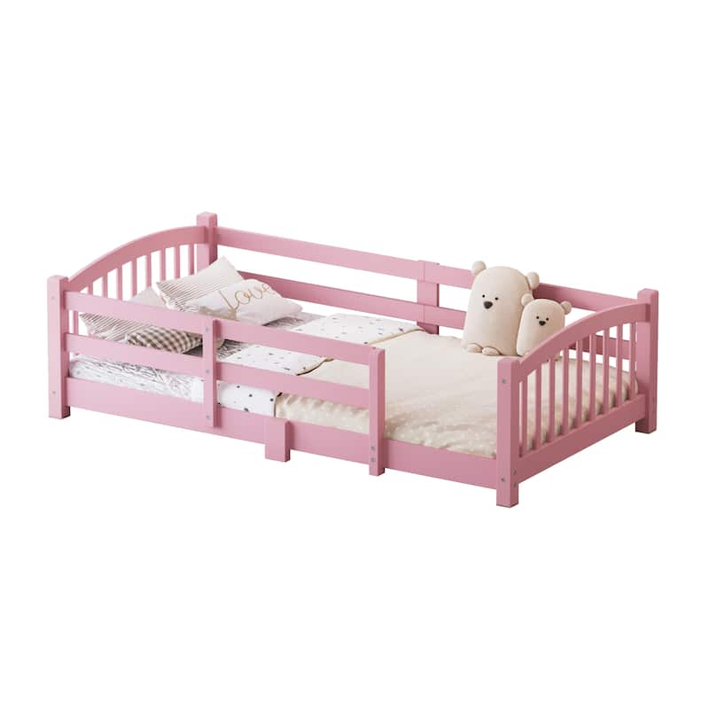 Solid Wood Floor Bed Montessori Bed with Safety Guardrails Without Door