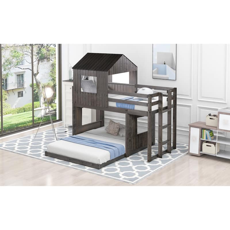 Rustic Twin Over Full Bunk Bed with Slide, Guardrails, and Playhouse Design