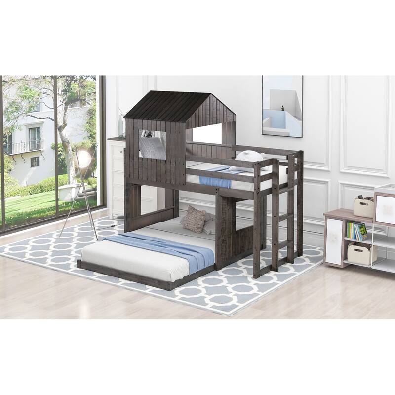 Wooden Twin Over Full Bunk Bed with Playhouse Design, Loft Bed with Ladder and Guardrails, Farmhouse Style