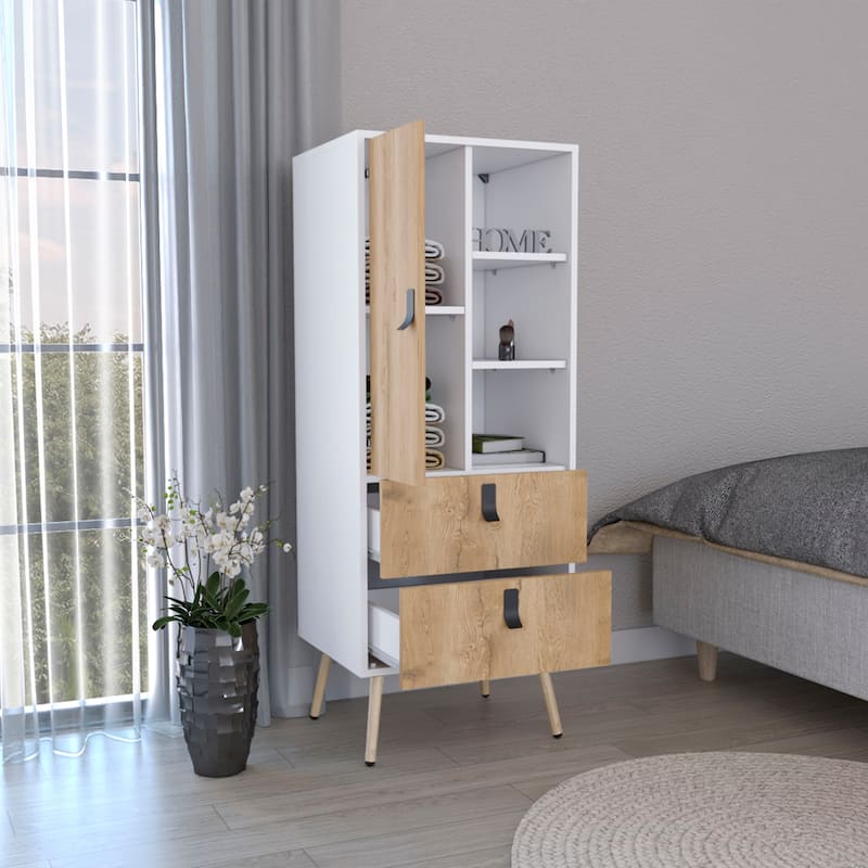 Tall Dresser, Unit with Door, 2 Drawers, and Open Shelves