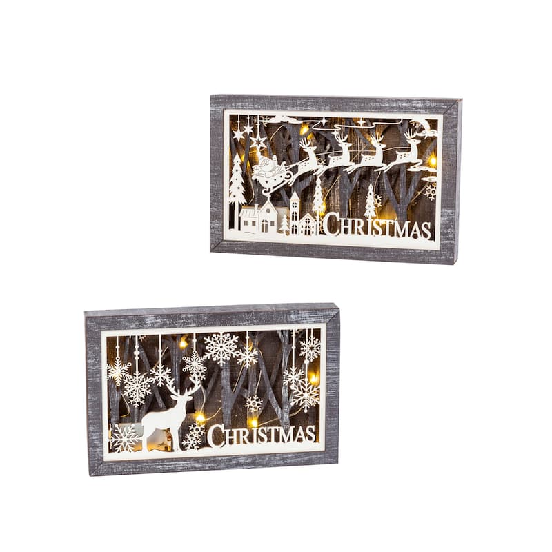 Set of 2 11 in Lighted Laser Cut Wood Holiday Scene Wall Décor - N/A