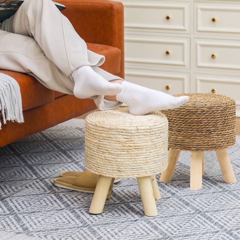 Adeco Set of 2 Ottomans Natural Cattail Hand Weave Round Foot Stool